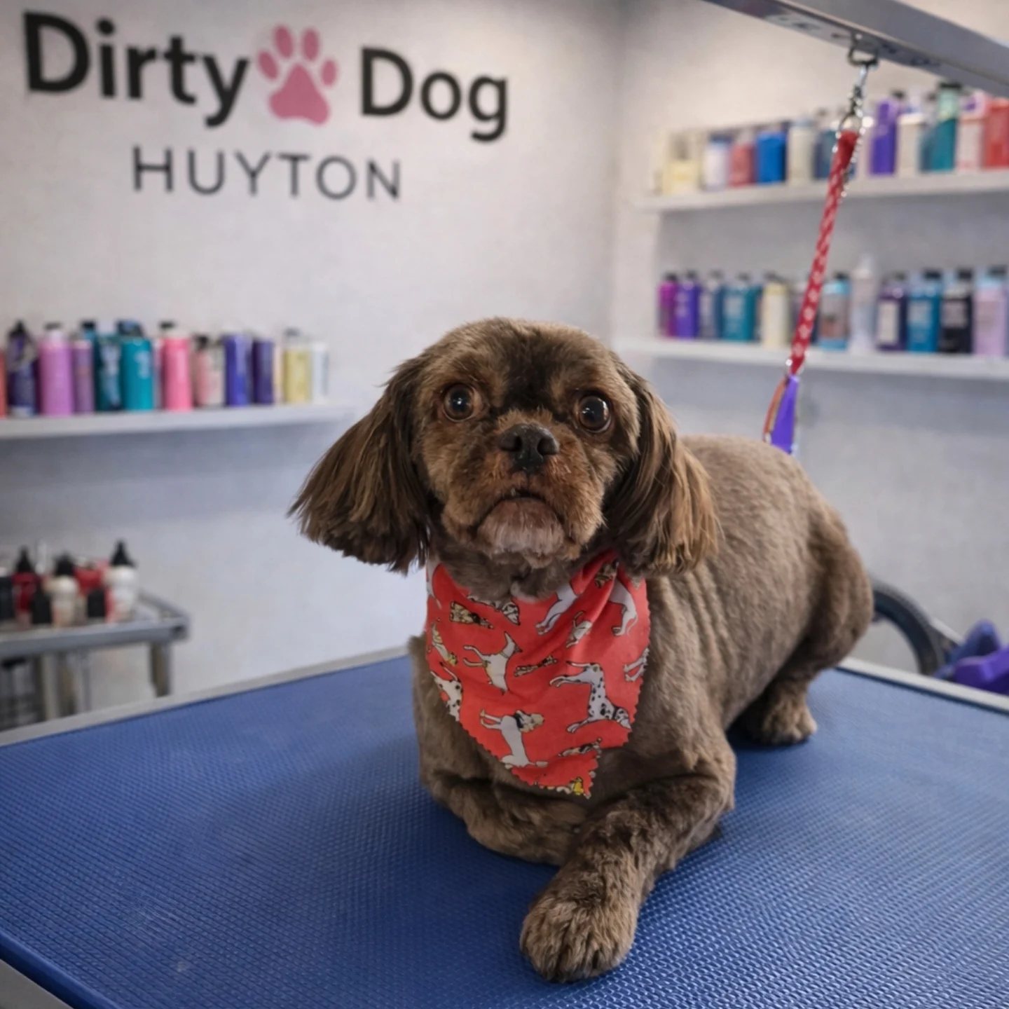 A brown cockapoo in a red bandana lying on the grooming table at Dirty Dog Huyton